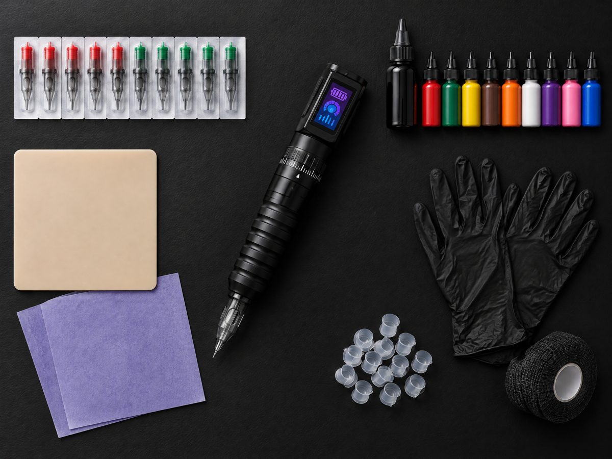 Das Starter-Set von oben: kabellose Tattoo-Maschine mit Display, Nadelmodule, schwarze Tinte und zehn Farben, Kunsthaut mit Transferpapier, Handschuhe, Farbkappen und Griffband